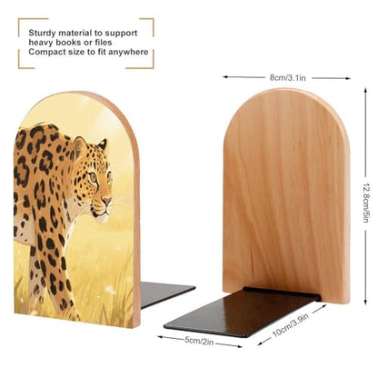 Personalized Wood Book Ends Metal Base Golden Leopard Illustration Printing Bookend Modern Heavy Duty Bookends for Home Or Office 1 Pair - color: Golden Leopard Illustration