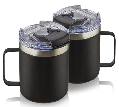 12oz Insulated Travel Coffee Mug with Handle, Black, 2 Pack | Stainless Steel Coffee Tumbler with Lid, Double Wall Vacuum Thermal Cup for Camping - color: Fliping Lid: Black, size: 12 Ounces (Pack of 2)