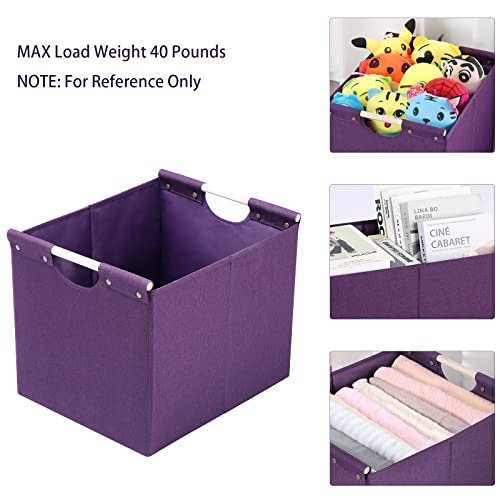 HOONEX Large Collapsible Storage Bins, Linen Fabric, Pack of 2, Storage Baskets with Wooden Carry Handles and Sturdy Heavy Cardboard, for Home, Office, Car, Nursery, Dark Purple - color: Dark Purple