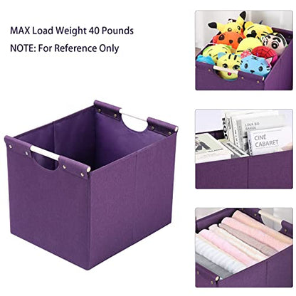 HOONEX Large Collapsible Storage Bins, Linen Fabric, Pack of 2, Storage Baskets with Wooden Carry Handles and Sturdy Heavy Cardboard, for Home, Office, Car, Nursery, Dark Purple - color: Dark Purple