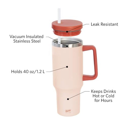 Glad Pioneer Stainless Steel Tumbler with Lid and Straw - Double Walled Insulated Cup with Handle - Leak Resistant & Cup Holder Compatible, Drinks Stay Cold All Day, 40oz, Rust - color: Rust, size: 40 Ounces