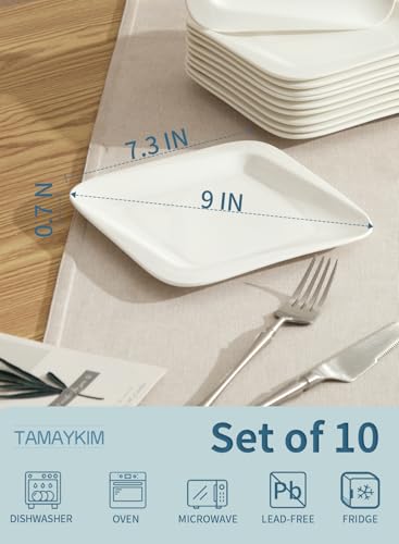 7.3 Inch Square Porcelain Dessert Plates, 10 Pieces, White | Appetizer Dinnerware, Scratch Resistant, Microwave Safe, Oven Safe, Dishwasher Safe - size: 7.3 Inch - 10P