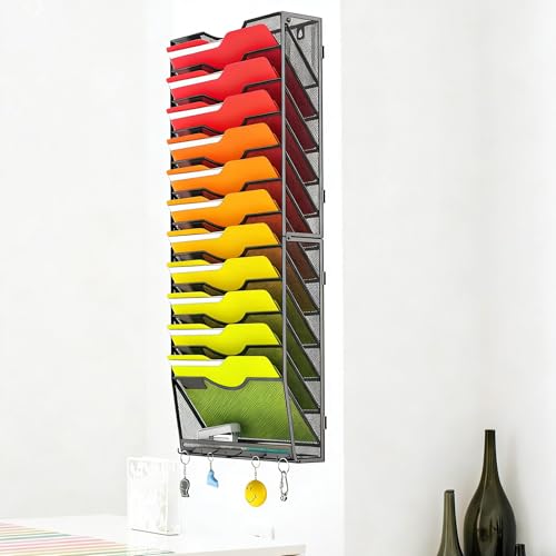 Gawerk Hanging Wall File Organizer, 12+1 Tier | 5 Hooks, Wall Mounted, Sturdy Mesh, For Office Home - size: 12+1 Tier