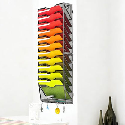 Gawerk Hanging Wall File Organizer, 12+1 Tier | 5 Hooks, Wall Mounted, Sturdy Mesh, For Office Home - size: 12+1 Tier