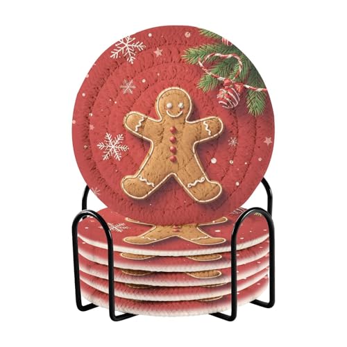 Caikeny 6 Pcs Drink Coasters with Metal Holder Christmas Snowflake Gingerbread Man Absorbent Coasters Winter Snow Decorative Woven Coaster Set for Coffee Table - color: Multi 10k1.20