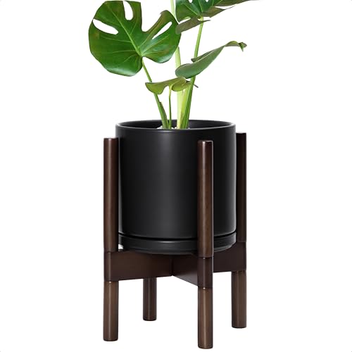 D'vine Dev Ceramic Pot with Walnut Wood Stand, Black, 8 in, 55-B-Y-2 | Mid-Century Modern Design, Raised Plant Display, Solid Beech Wood Stand, Premium Craftsmanship, Sophisticated Home Decor - color: Black Pot + Walnut Color Stand, size: 8 Inch