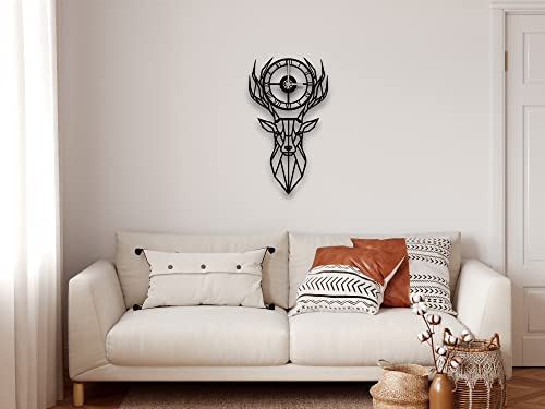 DEKADRON Metal Wall Clock, Metal Deer Head, Metal Wall Art, Metal Wall Decor, Geometric Wall Art, Wall Clock with Numbers (Black) - color: Black