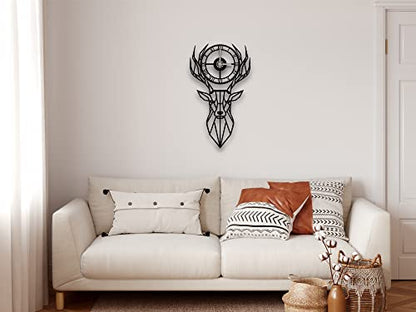 DEKADRON Metal Wall Clock, Metal Deer Head, Metal Wall Art, Metal Wall Decor, Geometric Wall Art, Wall Clock with Numbers (Black) - color: Black