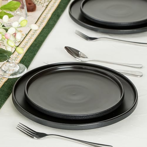 Ceramic Salad & Dessert Plates Set, 8 Inch, Set of 4, Modern Black | Stoneware, Dishwasher & Microwave Safe, Small Dinner Plates, For Cake, Fruits, Waffle, Pasta, Salad - color: Black, size: Salad Plates Set (4PCS)