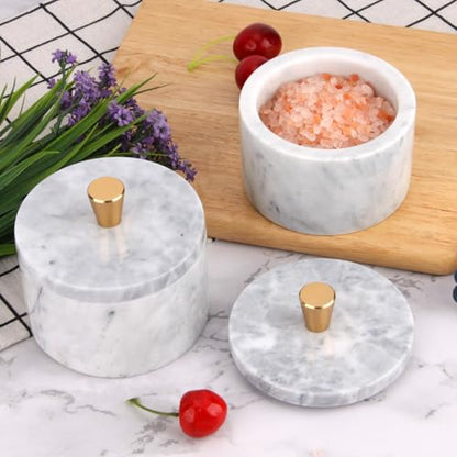 Marble Salt Cellar with Lid, White Grey, 4 inch | Natural Stone, Salt Pepper Box, Gold Alloy Handle, Kitchen Countertop Storage, Multi-Use, Sugar Spice Seasoning Container - color: White Grey