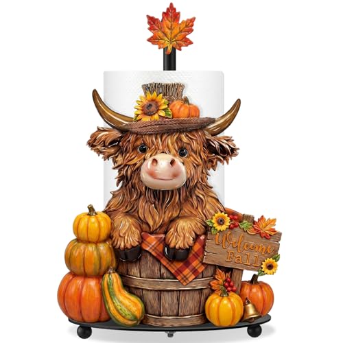 Highland Cow Fall Paper Towel Holder with Round Base Fall Bathroom Decor Rustic Highland Cow Dispenser Kitchen Paper Holder Stand for Countertop Toilet Home Accessories - style: Fall