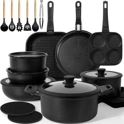 KIKCOIN 30-Piece Nonstick Pots and Pans Set, Cookware with Removable Handle | Induction Ready, Stackable for RV kitchen, Dishwasher and Oven Safe, PFOA-Free, includes Frying pans, Saucepans and Casserole - color: Black, size: 30 Pack
