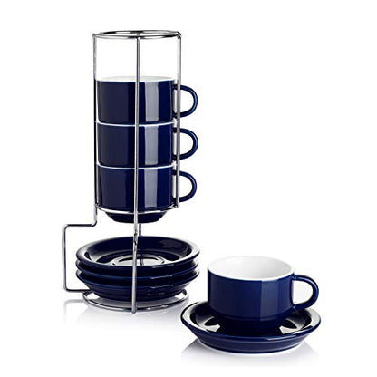 Sweese 2.5 Ounce Porcelain Stackable Espresso Cups with Saucers and Metal Stand Set of 4, Navy - color: Navy, size: 2.5 Ounces