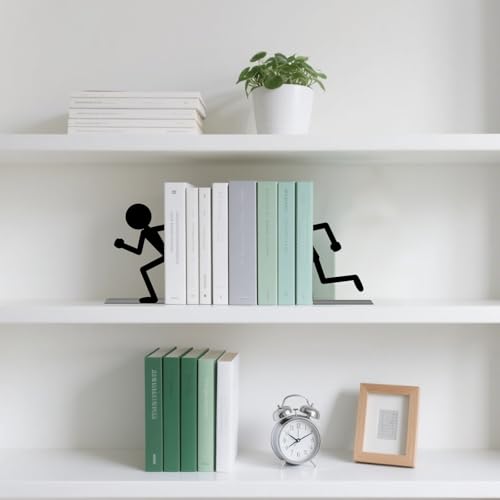 Metal Bookends Running People Book Ends for Shelves | Figurine Bookends Decorative Unique Desk Bookend Black Book Stopper for Home Reading Bookshelf Decor Book Lovers Gift - style: Running People