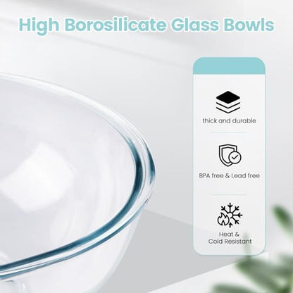 Luvan Borosilicate Clear Glass Mixing Bowls with Lids Set of 4 (0.53qt, 1.1qt, 2.1qt, 3.7qt), Space Saving Nesting Bowls Large Kitchen Salad Bowls for Meal Preping,Baking,Mixing,Dishwasher Safe - color: 4 Pack Light Blue