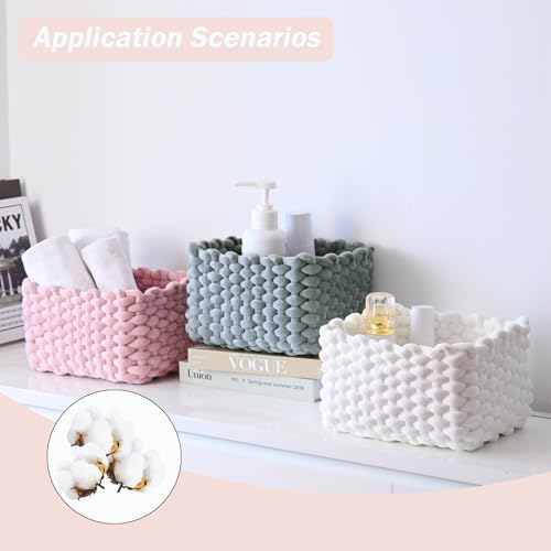 hand-knitted velvet rope storage basket set of 3 - soft cotton rope desktop cosmetics organizer box - nesting multi-functional storage basket (pink) - color: Light Pink