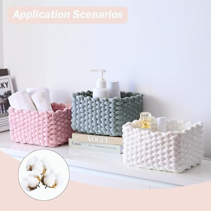 hand-knitted velvet rope storage basket set of 3 - soft cotton rope desktop cosmetics organizer box - nesting multi-functional storage basket (pink) - color: Light Pink