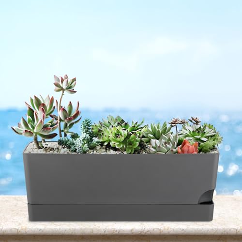 2 Pack Rectangle Self Watering Pots for Indoor Plants 17 Inches Window Boxes Planters Rectangular Flower Pots Herb Large Plant Pots with Drainage Holes and Saucers Windowsill Planter, Grey - color: Gray
