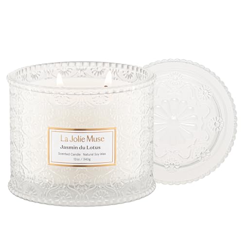 LA JOLIE MUSE Jasmine Lotus Scented Candles for Home, Natural Soy 2-Wick | Large Jar Luxury Candle, Clean Non Toxic, Gift for Women & Mom, Decorative White Candles, Pretty Floral Engaged Candle, 12 oz - color: Jasmin du Lotus, size: 12 oz