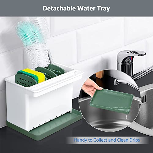 JOMOLA Kitchen Sink Organizer Dish Brush Sponge Holder Caddy Toothbrush Holders for Bathrooms Sinkware Kitchen Utensil Holder Sink Caddy Organizer with 4 Separate Dividers Removable Drain Tray (Green) - color: Green