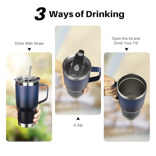 20 oz Tumbler with Handle, Stainless Steel Insulated Tumbler with Lid and Straw, Double Wall Vacuum Coffee Mug Cup, Insulated Coffee Thermal Cup for Cold and Hot (Blue Black) - color: Blue/Black, size: 20 Ounces