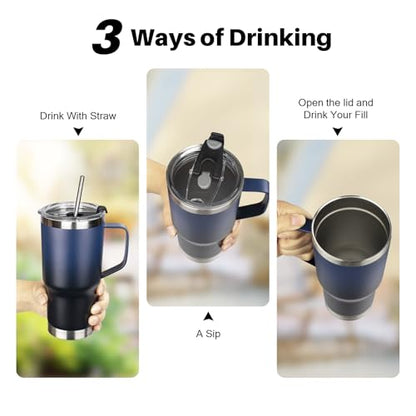 20 oz Tumbler with Handle, Stainless Steel Insulated Tumbler with Lid and Straw, Double Wall Vacuum Coffee Mug Cup, Insulated Coffee Thermal Cup for Cold and Hot (Blue Black) - color: Blue/Black, size: 20 Ounces