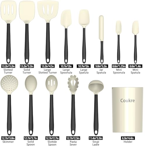 Coukre Silicone Kitchen Cooking Utensils Set, Heat Resistant, 14-Piece | Dishwasher-Safe, Food-Grade Silicone, BPA-Free, Spatulas, Spoons & Turner, Safe for Nonstick Cookware, Beige - color: Beige