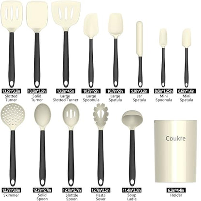 Coukre Silicone Kitchen Cooking Utensils Set, Heat Resistant, 14-Piece | Dishwasher-Safe, Food-Grade Silicone, BPA-Free, Spatulas, Spoons & Turner, Safe for Nonstick Cookware, Beige - color: Beige