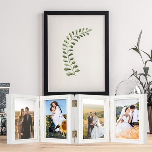 POILKMNI 4x6 In Four Picture Frame 4 Hinged Photo Frame with 4 Openings | Natural Wood Foldable Photo Frame High Definition Acrylic for Mothers Day Father's Day Christmas Gift, Family Picture, White - color: White, size: 4x6