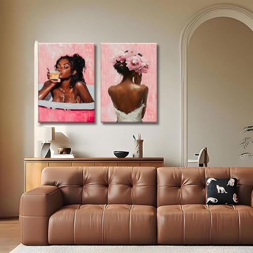 Framed modern abstract African American women's wall Art (Set 2), canvas high-definition printing, Bohemian black girl bathtub coffee fashion with pink flower on her head Black woman picture, living room, bedroom, bathroom, office decoration, 12x16 inches