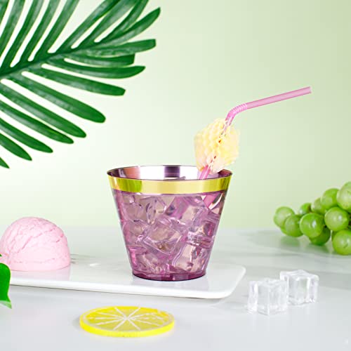 LUODA 150PCS Purple Plastic Cups,9oz Purple Disposable Cups with Gold Rim | Old Fashioned Tumblers Gold Rimmed Purple Plastic Cups,Unbreakable cups for Any occasion: Weddings, Parties, Business Events - color: Purple