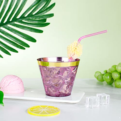 LUODA 150PCS Purple Plastic Cups,9oz Purple Disposable Cups with Gold Rim | Old Fashioned Tumblers Gold Rimmed Purple Plastic Cups,Unbreakable cups for Any occasion: Weddings, Parties, Business Events - color: Purple