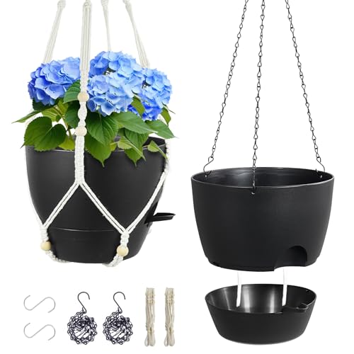 Meowell 10 inch Self Watering Hanging Planters, 2 Pack Hanging Baskets for Indoor Outdoor Plants, Hanging Flower Pots with Drainage Holes & 2 Kinds of Plant Hangers for Garden Home Decor, Black - color: Black