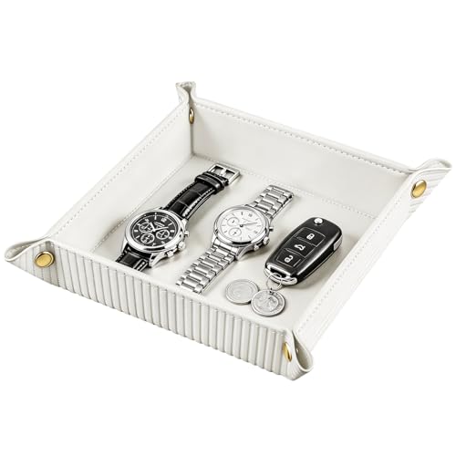 YAPISHI Luxury Valet Tray for Men, PU Leather Vanity Jewelry Catchall Tray | Decorative Perfume Catchall,Folding Travel EDC Dump Tray, Nightstand Desk Organizer Caddy for Keys,Watche,Dice,Coin Bowl Dish - color: 2#-white Rome