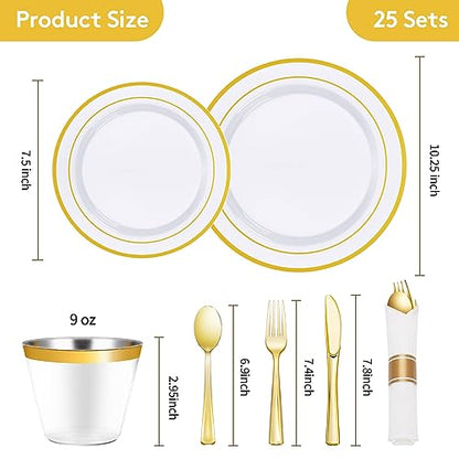 175 Piece Gold Plastic Dinnerware Set for 25 Guests | Disposable Dinnerware Includes: 25 Dinner Plates, 25 Dessert Plates, 25 Pre Rolled Napkins with Gold Silverware, 25 Cups - color: Gold, style: 175 Piece (25 guests)