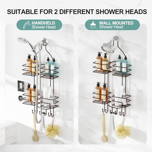 SRIWATANA Shower Caddy Hanging, Shower Organizer with Razor Hooks, Bronze | Rustproof Shower Rack, No Drilling Shelves Over Shower Head, Anti-Swing Scution Install, Bathroom Holder for Sponge Loofah - color: Bronze