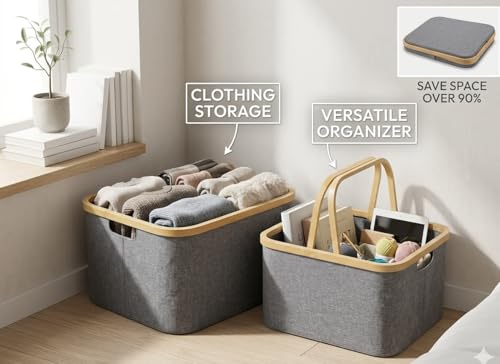Bamboo Storage Basket with Handles, 45L Large Open-Top Fabric Organizer Bin for Blankets, Toys, Towels and Closet Shelves, Gray, 16.5 x 13.6 x 12.2 In