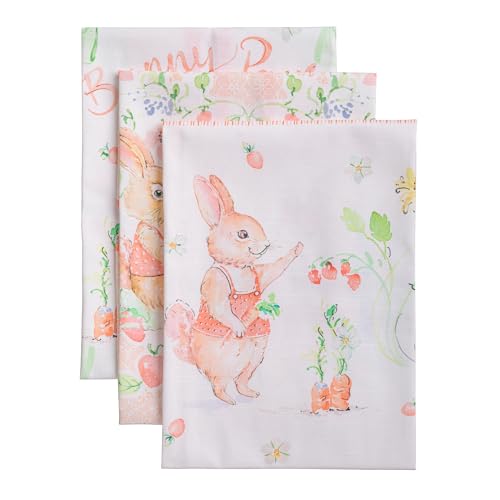 Maison d' Hermine Kitchen Towels Set of 3 Reusable 100% Cotton 27.50" x 20" | Cloth Tea Dish Towels Absorbent with Hanging Loop for Kitchen Dining Party Wedding Hotel Home Spring Summer - Bunny Party - color: 008 - Bunny Party