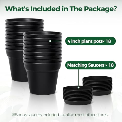 T4U Small Plant Pots 4 Inch 18 Pack, Plastic Flower Pots with Saucer Black | Nursery containers for succulents cactus herbs, Desk windowsill shelf, Violet african violet, Compact lightweight - color: Black, size: 4 In