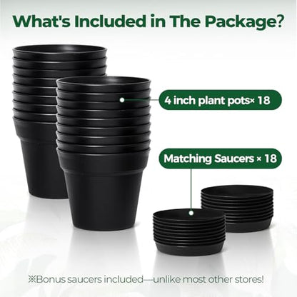 T4U Small Plant Pots 4 Inch 18 Pack, Plastic Flower Pots with Saucer Black | Nursery containers for succulents cactus herbs, Desk windowsill shelf, Violet african violet, Compact lightweight - color: Black, size: 4 In