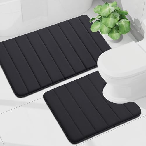 Buganda Memory Foam U-Shaped Toilet Rug Bath Mat Sets 2 Piece, 36x24+24x20 | Black, Bathroom Mat and Contoured Toilet Rug, Machine Wash Dry, Soft Absorbent Bath Rug for Bathroom, Shower and Tub - color: Black, size: 36" X 24"+24" X 20"