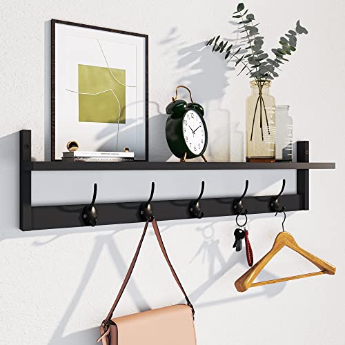 AMBIRD Wall Hooks with Shelf Entryway Hanging Wood Coat Hooks with Shelf Wall-Mounted Coat Hook Rack with 5 Dual Hooks for Bathroom, Living Room, Bedroom (Stylish Black) - size: 28.9inch, style: Stylish