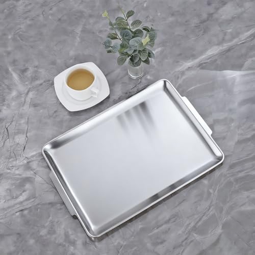 16.3" x 11" Large Serving Platters, Stainless Steel Heavy-Duty Large Serving Trays, Silver Rectangular Plates for Food, Fruit, Party, Wedding, Christmas, Chip and Scratch Resistant - color: Silver-40x28cm