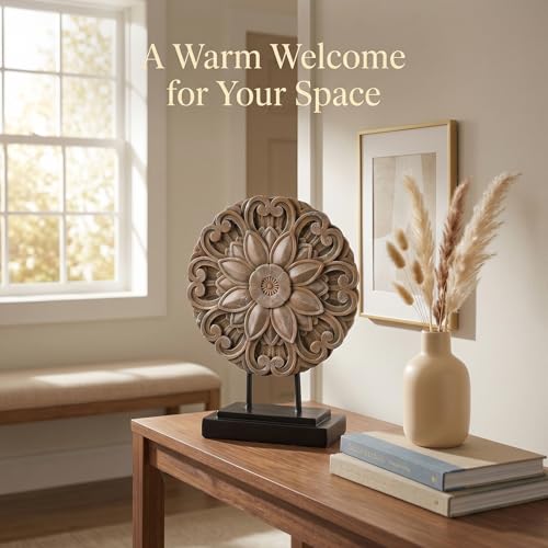 Brown Farmhouse Table top Sculpture Above Cabinet Decor Kitchen, Boho Carving Knick Knacks Shelf Decor Accent, Round Statue for Credenza Bookshelf Rustic Shabby Chic Center Pieces Decoration
