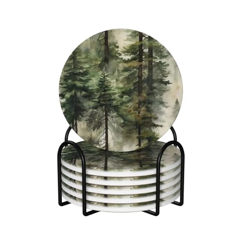 Misty Mountain Green Forest 6 Pcs Ceramic Coaster Set with Holder/Cork Pine Tree Landscape Foggy Woodland Absorbent Round Cup Drink Coasters Set for Modern Coffee Table Bar Wine Beer Protect - color: Foggy Mountain Tree Forest, size: Round