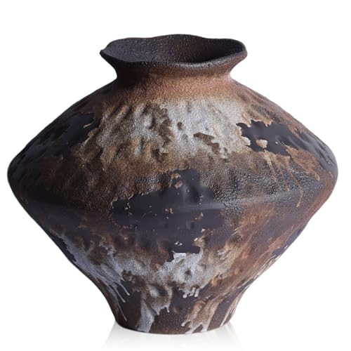 Wabi Sabi Rusty Vintage Vase, 11.4" Tall Wabi Sabi Decor Rustic Farmhouse Pottery Vase for Centerpiece, Textured Pottery Flower Vases for Home Decorative, Table, Living Room (Black Brown, Large) - color: Black Brown, size: 11.4 in