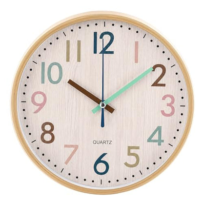 Qunclay Boho Classroom Wall Clock Colorful Fun 8 Inch Silent Non-Ticking Battery Operated Clock for Back to School Office Bedroom Living Room Playroom Nursery Kitchen Brown Bamboo Grain