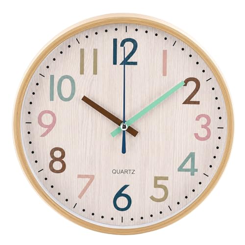 Qunclay Boho Classroom Wall Clock Colorful Fun 8 Inch Silent Non-Ticking Battery Operated Clock for Back to School Office Bedroom Living Room Playroom Nursery Kitchen Brown Bamboo Grain
