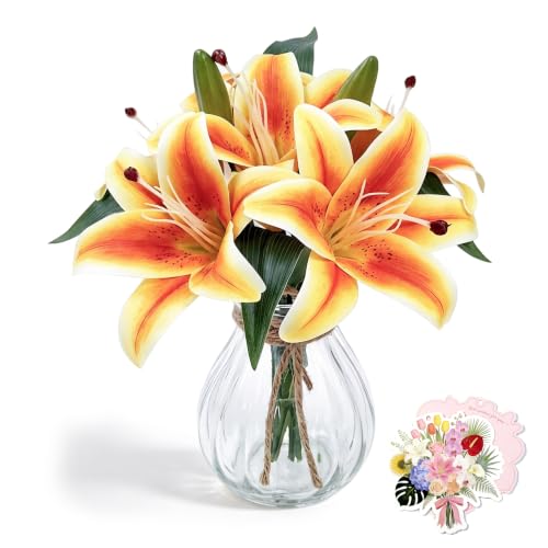 11in Artificial Orange Lily in Glass Vase with Faux Water for Home Decor | Zero-Maintenance Silk Lily Floral Arrangement for Home Living Room Office Desk Decor & Party,Perfect Housewarming Gift - color: Orange Lily With Glass Vase