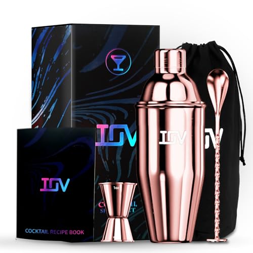 IOV Cocktail Shaker Bar Set, 24oz Martini Shaker with Built-In Strainer, Bar Tool Kit with Recipes Booklet, Professional Stainless Steel Large Bartender Drink Shaker Margarita alcohol Mixer- Rose Gold - color: 3 Pcs - Rose Gold